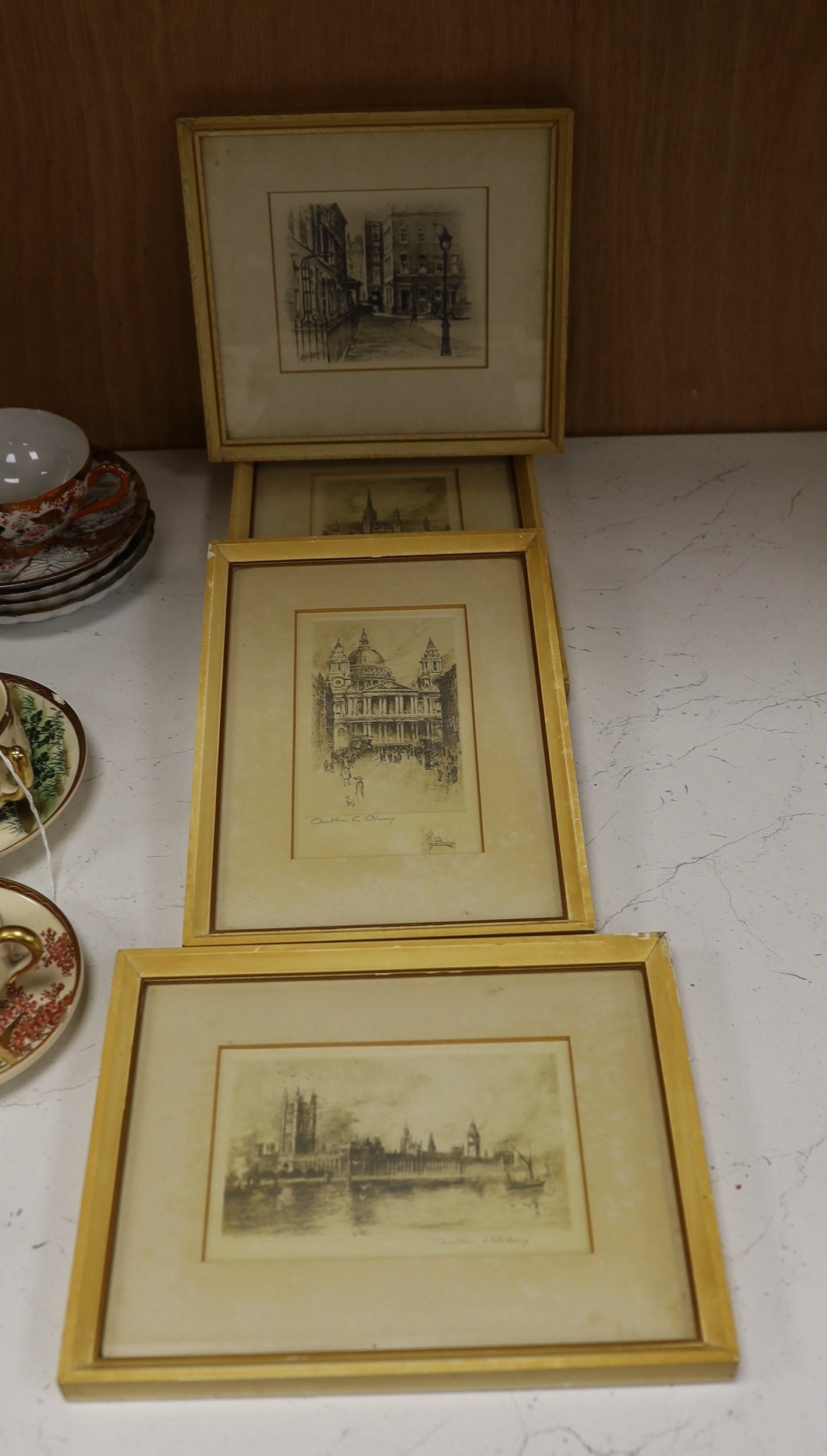 H.B. Andrews (fl.1920's), pencil drawing, 'Sergeants in Fleet Street', signed, 9.5 x 11cm, and three printed Views of London by Arthur Cherry